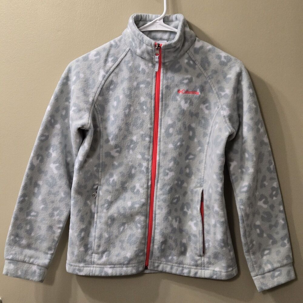 Columbia Girls Size L 14/16 Snow Leopard Print Zip Fleece Grey White Pink